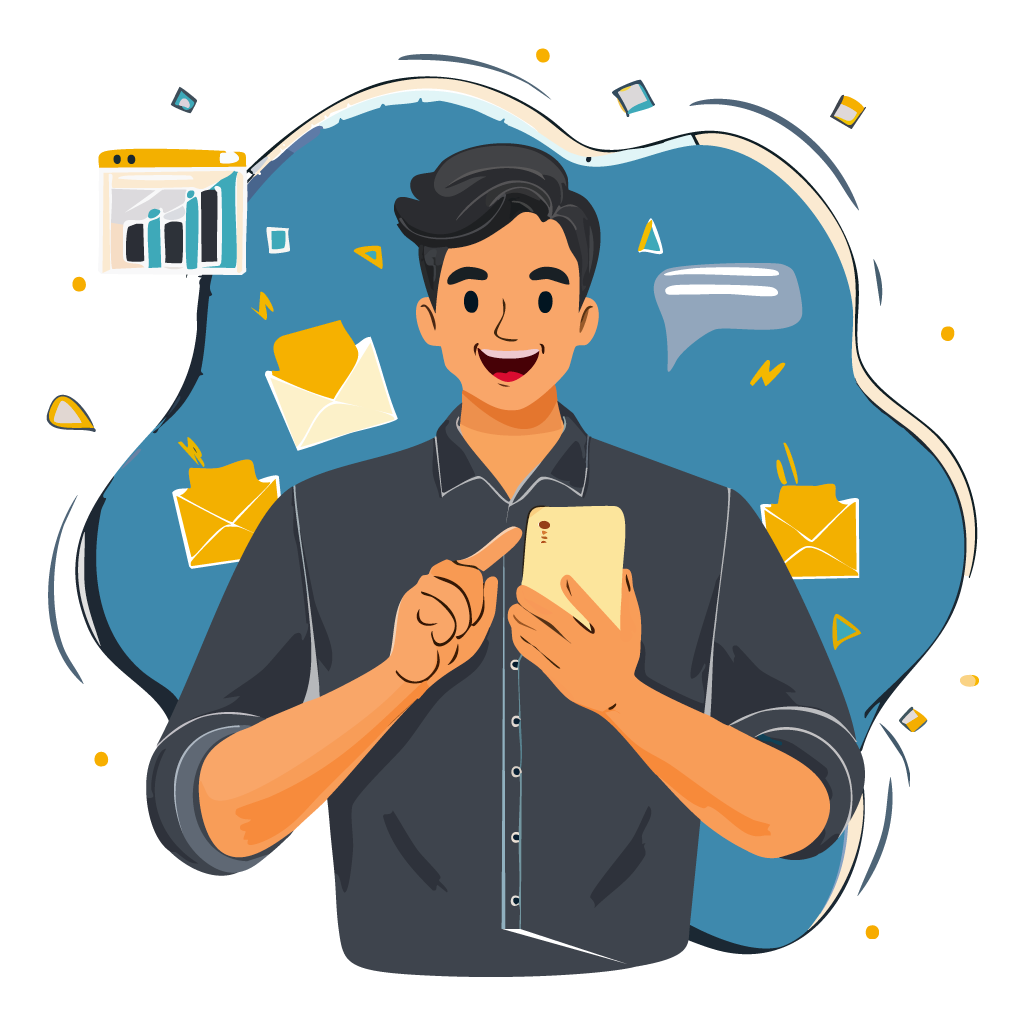 animated person on phone with icons of various resources and graphs