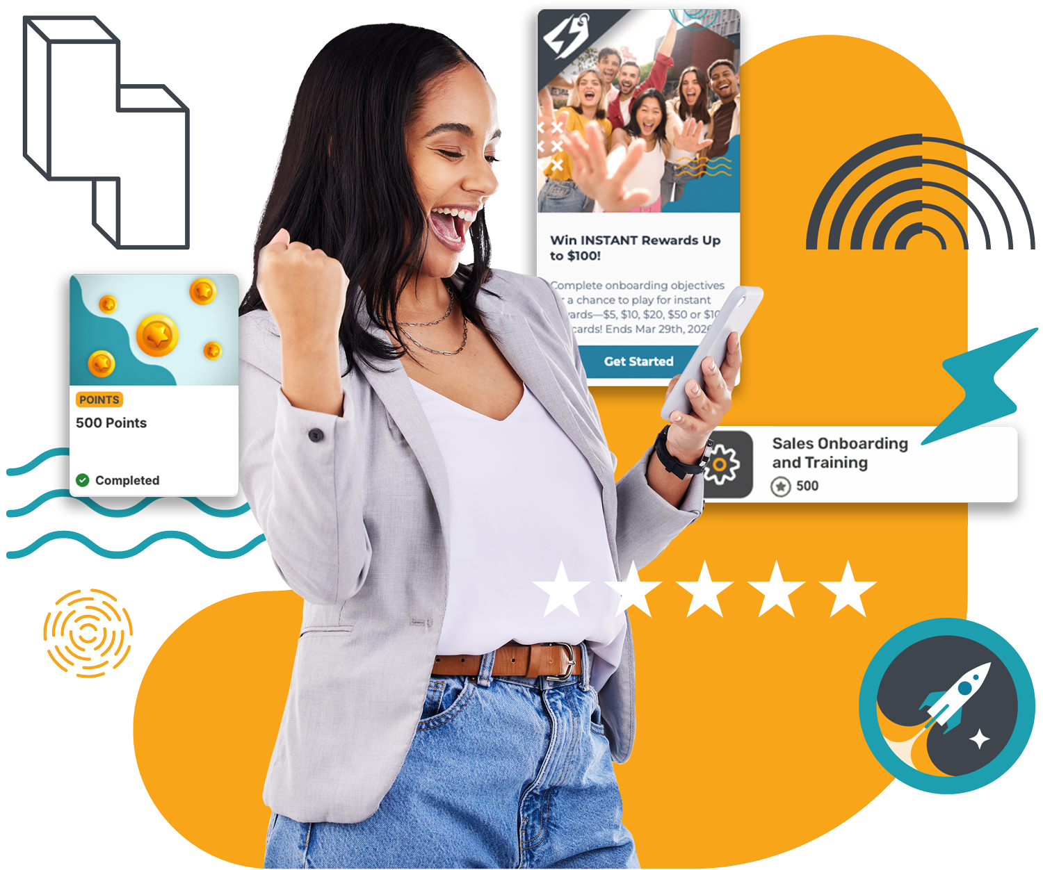 happy woman winning a reward on the phone