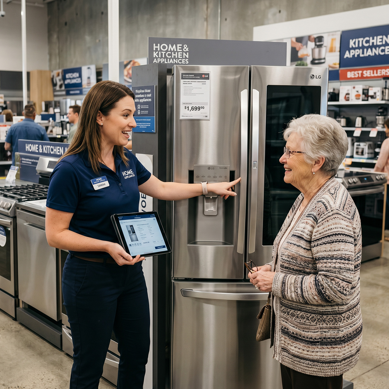 woman sales associate showing a customer a fridge