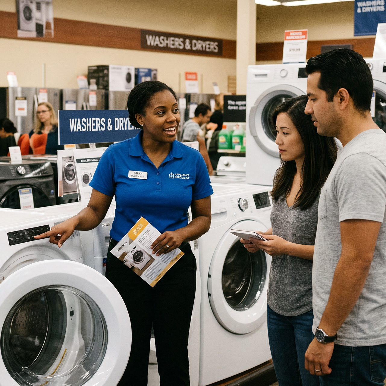 retail sales associate selling customers a washer and dryer