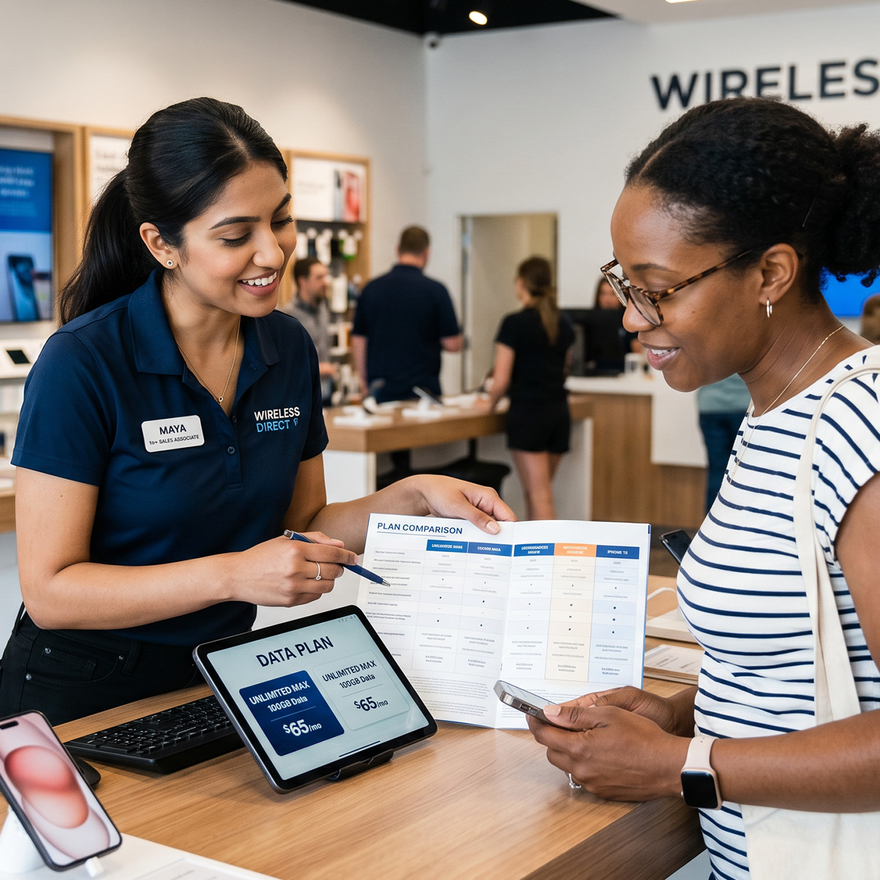 woman explaining a phone plan in store