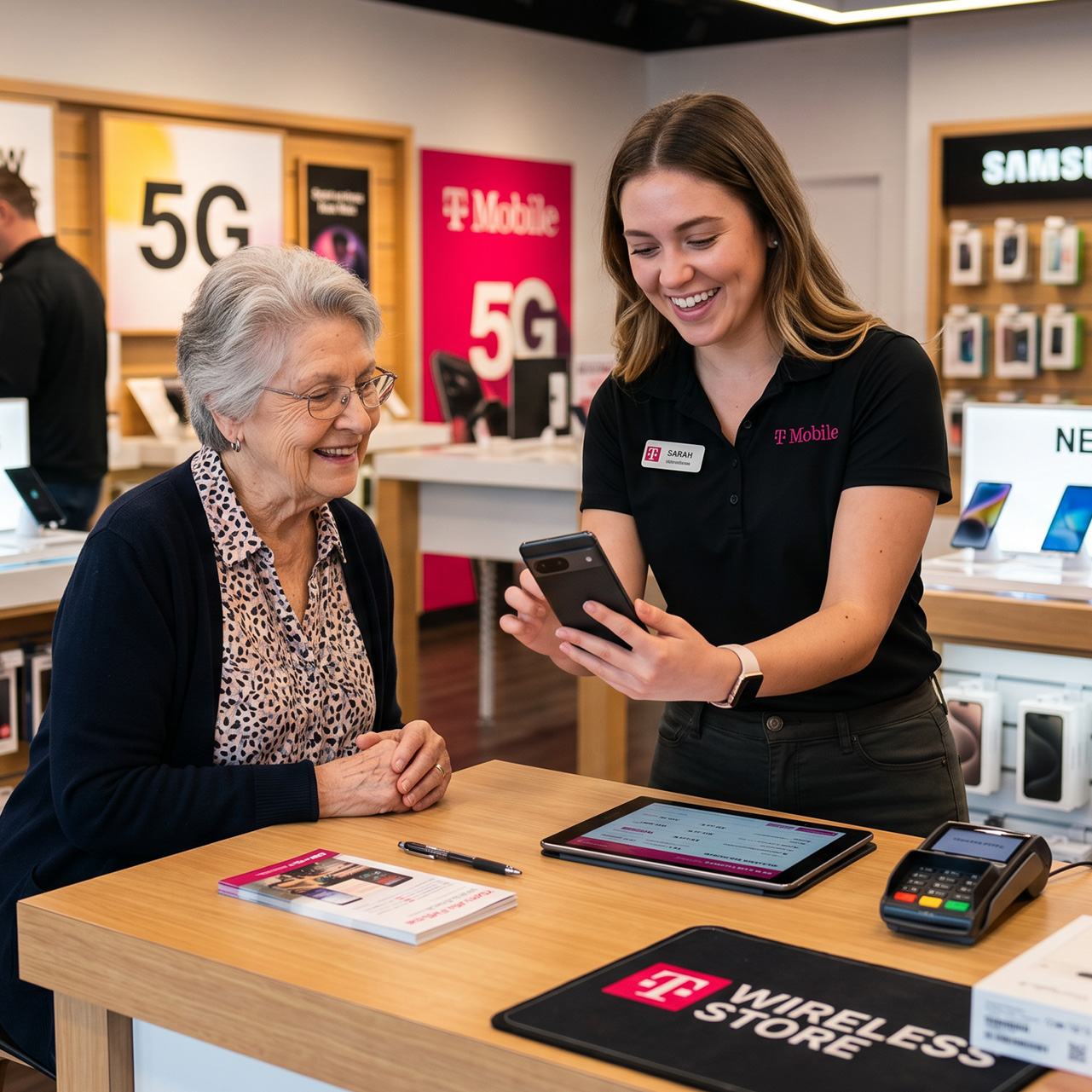 woman selling a phone plan in store