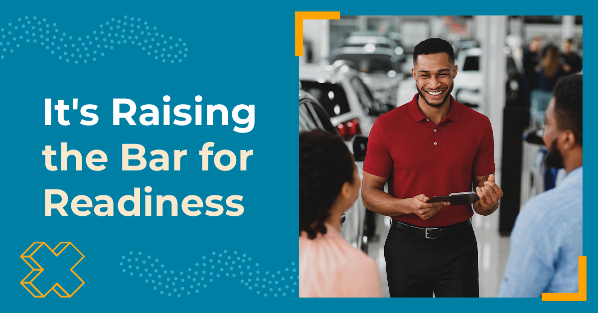 Confident salesperson talking to customers
